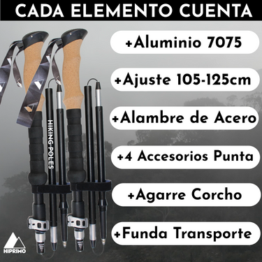 Bastones de Senderismo Agarre de Corcho - Aluminio 7075 + Accesorios de punta + Bandana